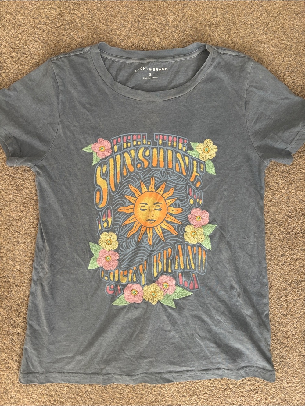 Lucky Brand Charcoal Graphic Tee with Orange Sun and Pastel Florals